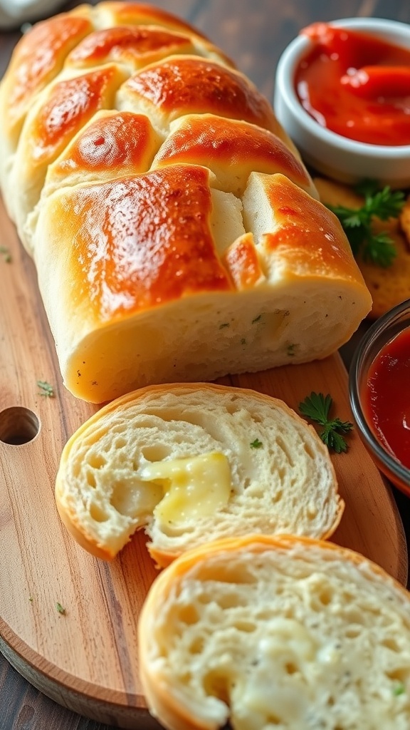 A golden brown loaf of garlic bread sliced and garnished with parsley, served with marinara sauce on a wooden board.